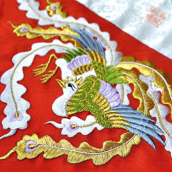 冬用 三角打敷 人絹塩瀬(赤) 高級刺繍[鳳凰]【前卓用+上卓用】京寸50代(総幅 約27cm)=名古屋寸30代 