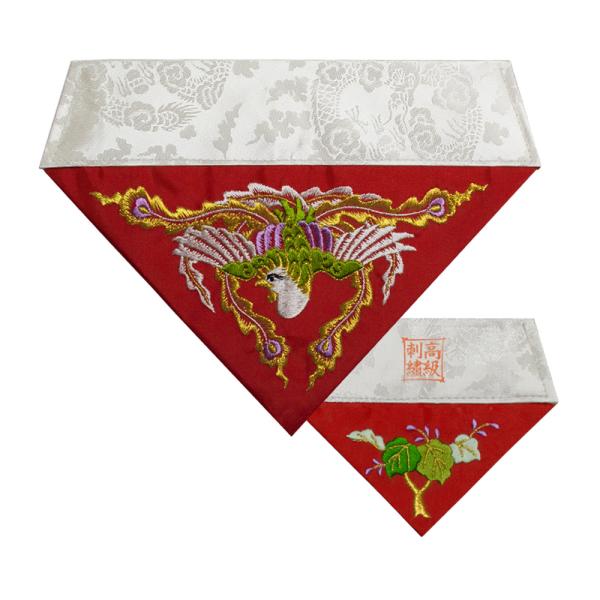 冬用 三角打敷 人絹塩瀬(赤) 高級刺繍[鳳凰]【前卓用+上卓用】京寸50代(総幅 約27cm)=名古屋寸30代 