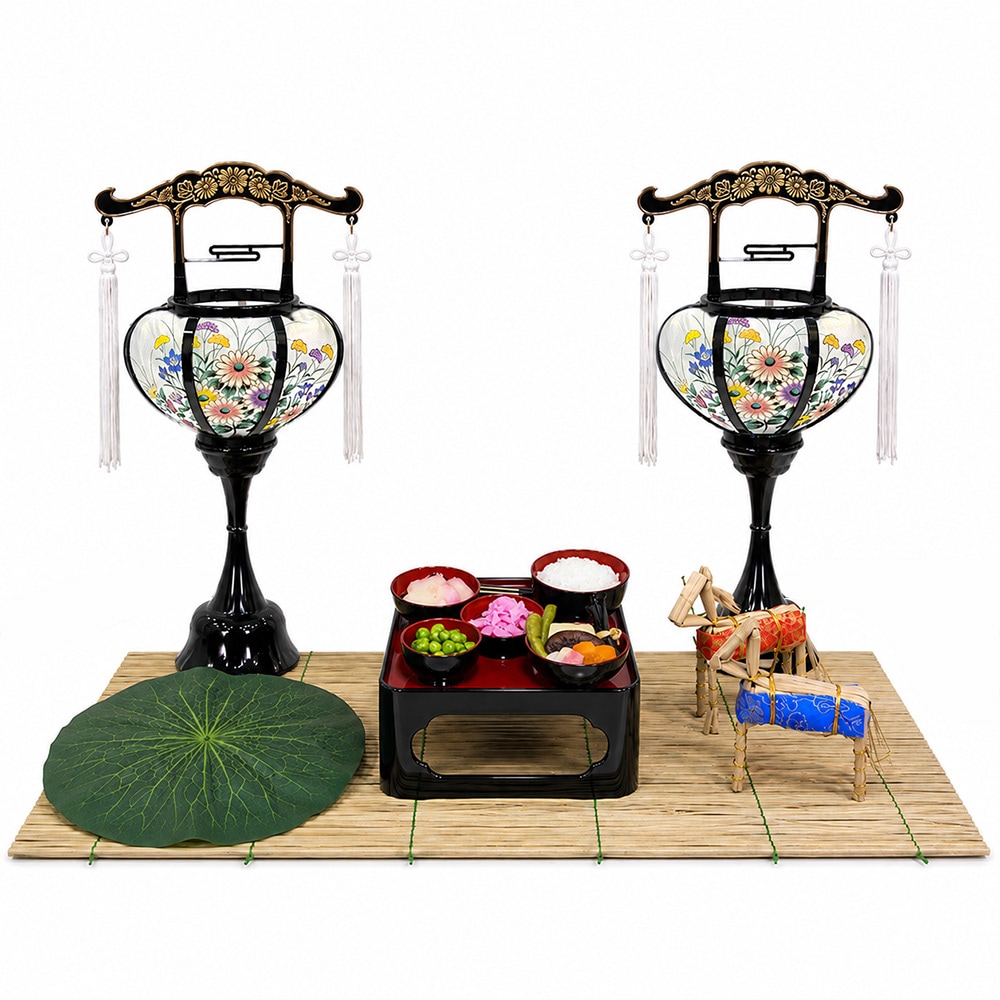 【盆提灯】コードレス お盆飾り 卓上5点セット 電池式 初盆セット 新盆セット 霊前灯 張 特小 黒 一対 LED 仏膳セット 真菰 牛馬 蓮の葉 小型仏壇 省スペース