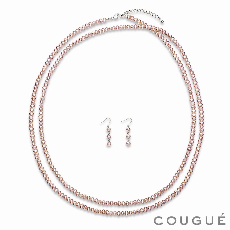 ベビーパール　ロングパールネックレス　120-125cm　淡水パール　ナチュラルピンク　ポテトシェープ4mm　可愛らしさ　イヤリングピアスセット　