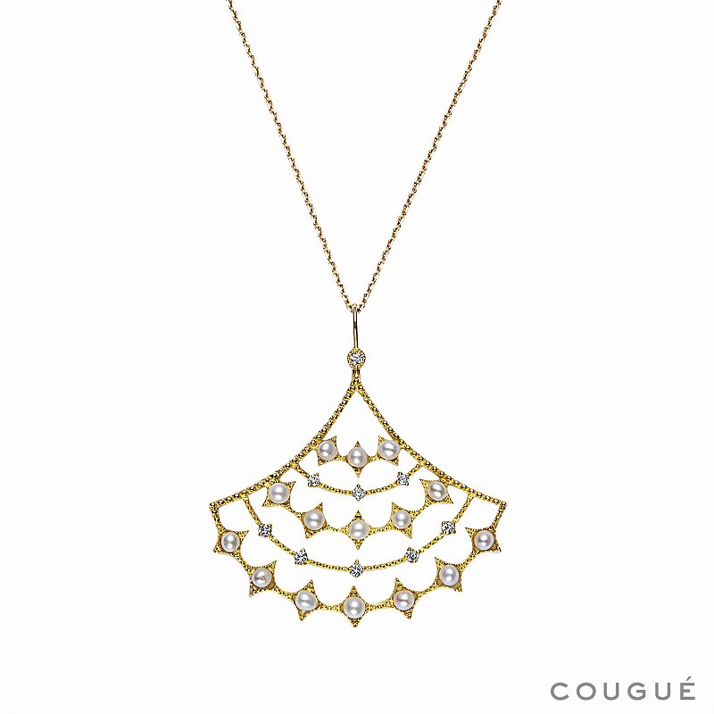 ベビーパール　Gingko銀杏モチーフペンダント　40cm　淡水真珠ベビーパール　ホワイト　セミラウンド　1.5mm 6mm　18金イエローゴールド