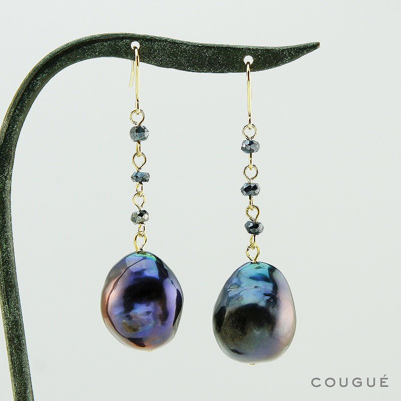 ブラックスピネル×ピーコックカラー大珠バロックパール ピアス  