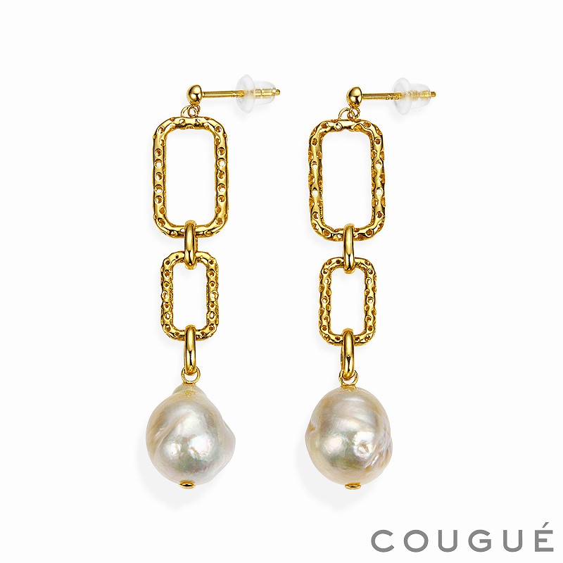 18金イエローゴールド×南洋真珠チェーンデザインピアス