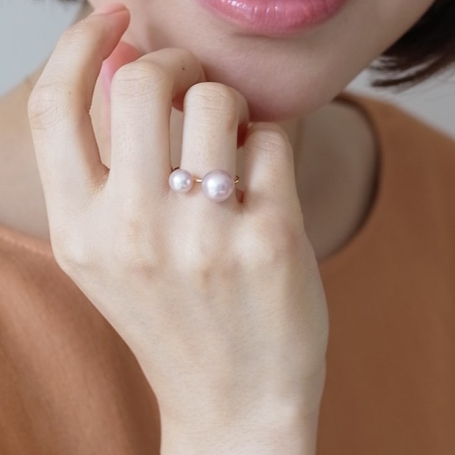18金 　自由が丘シリーズ リング　パール2珠　ピンク×ピンク