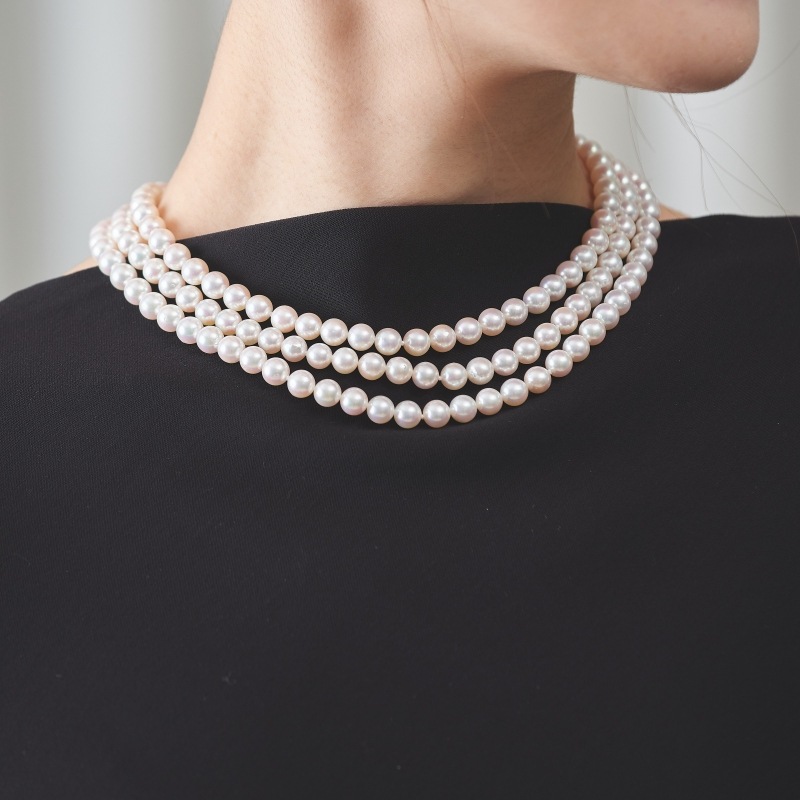 白真珠 ホワイトパール 三連ネックレス 14Kダイヤ サファイア 白真珠 ホワイトパール 三連ネックレス 14Kダイヤ サファイア