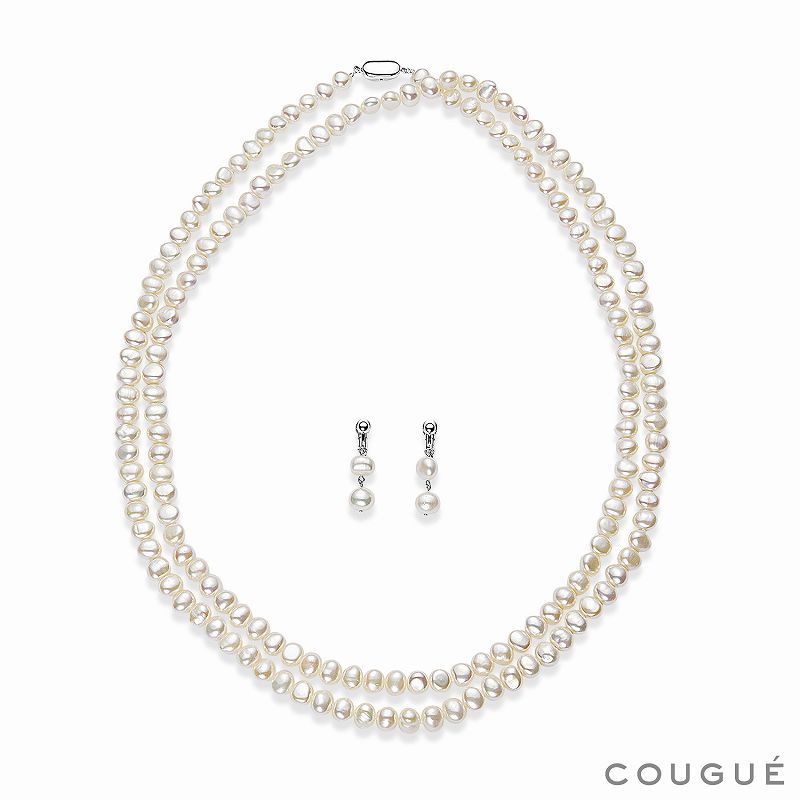 淡水パールロングネックレス　120-125cm　ホワイトバロック　7.5-8mm　淡水真珠　1連2連3連　ハイクオリティ　シルバー925　イヤリングピアスセット