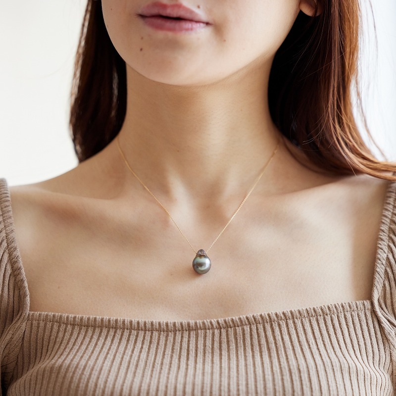 南洋黒蝶パールペンダント バロック  ドロップシェイプ ブラック 約18x12.5mm K10 チェーン ペンダント 一粒バロックパールネックレス 約40cm