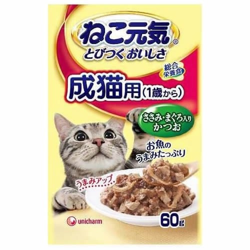ねこ元気総合栄養食パウチ成猫用（１歳から）ささみまぐろ入りかつお【６０ｇ】（ユニチャーム）