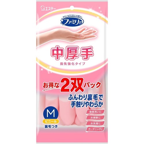 ファミリービニール　中厚手　指先強化　Mサイズ　2双パック　【1個】(エステー)　「(○)店舗取置可」
