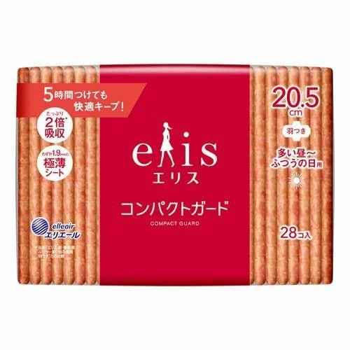 【得ダ値ＧＯＧＯ】エリス　コンパクトガード　多い昼～ふつうの日用　羽つき　20.5cm　【28コ入】(大王製紙)　「(○)店舗取置可」