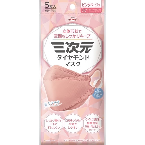 三次元ダイヤモンドマスク　フリーサイズ　ピンクベージュ　【5枚入】(興和)　「(○)店舗取置可」