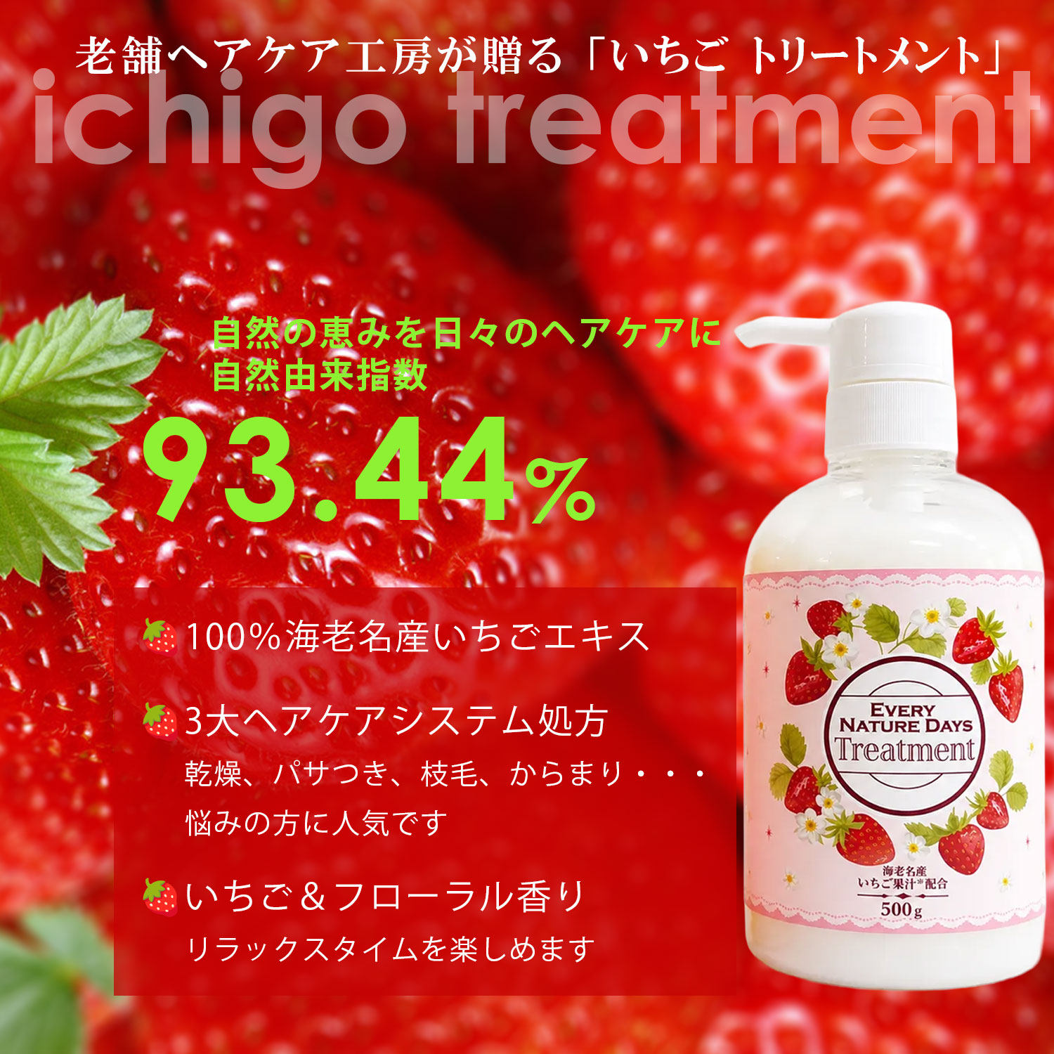 【CP15:限定クーポン15%】トリートメント サロン品質 ボタニカル トリートメント ダメージヘアケア うる艶髪 自然由来 髪と肌にやさしい 国産 いちごトリートメント 500g