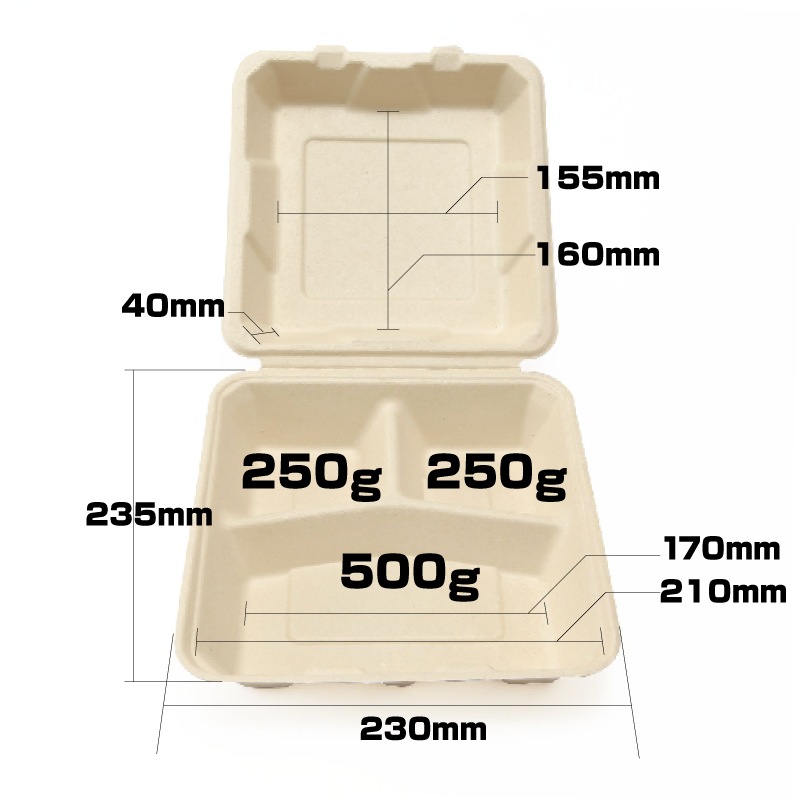 TM-B106 バガス容器 ECO容器 リサイクル容器 業務用 サトウキビ製 使い捨て容器 エコフード容器 未晒し ランチボックス 植物由来 3仕切りランチボックス TM-B106 50個×1パック