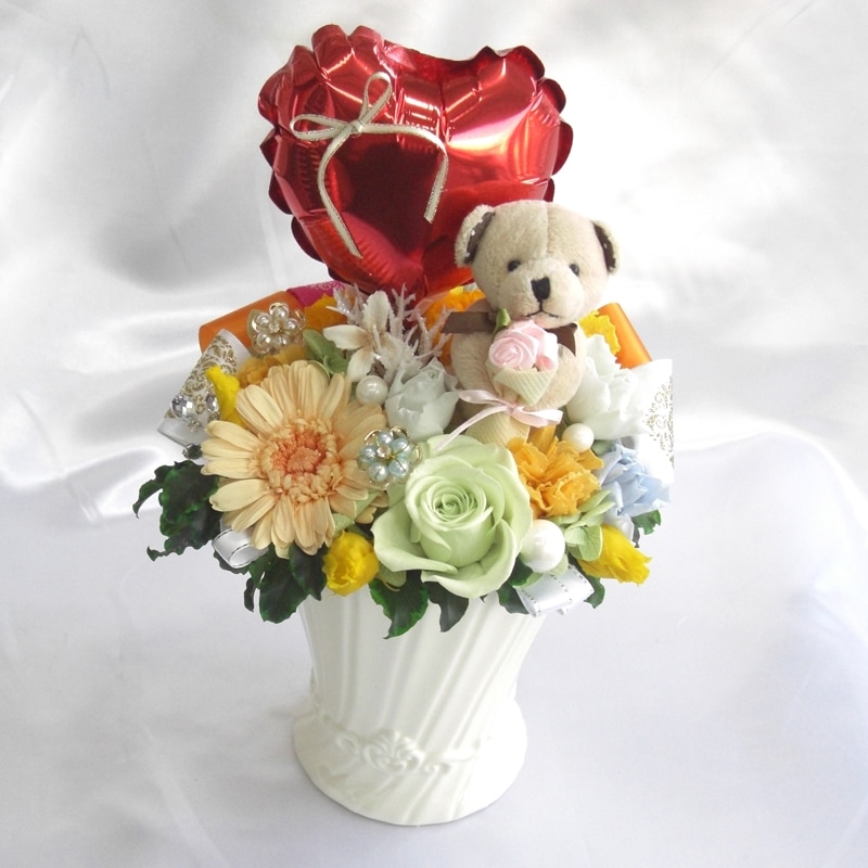 プリザーブドフラワー ギフト  プレゼント ケース入り アレンジメント　13ピンク　14イエロー リトファニーキュートベア L 在庫なくなり次第終了　少々難あり、しおれ、色落ちあり 神経質な方は購入をお控えください