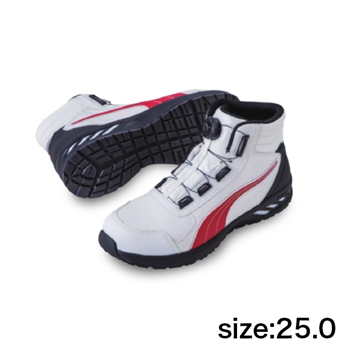 【PUMA】安全靴No.63.359.0（白/赤）RIDER 2.0 DISC MID / JAPAN ATHLETIC ライダー2.0 ホワイト＆レッド ディスク ミッド25.0cm