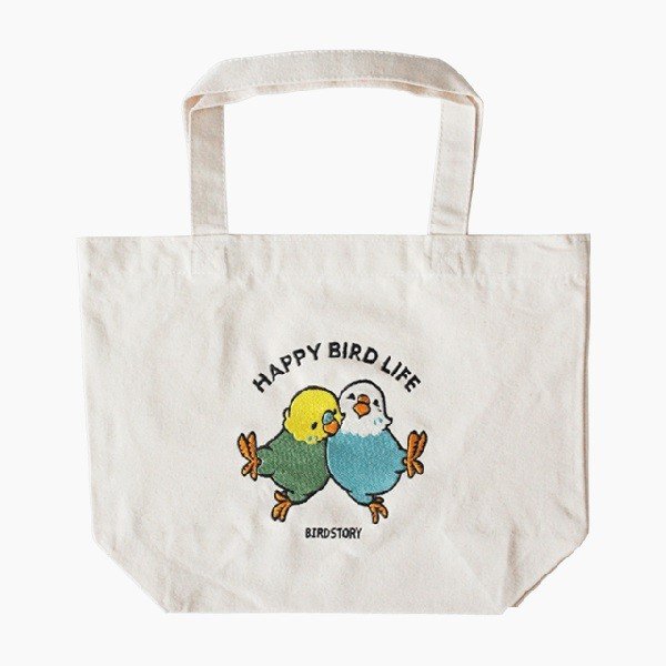 刺繍ランチトート　HAPPY BIRD LIFE　セキセイインコ　ベージュ　◆ゆうパケット対応◆ 【BIRDSTORY】