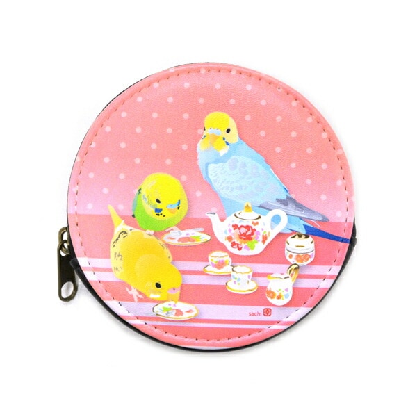 コインケース お茶会いんこ 《丸型》　セキセイインコ ことり 小鳥 雑貨 グッズ ファスナー付 マチあり フェイクレザー 合成皮革 丈夫 厚め イラスト かわいい おしゃれ  水玉 花 スイーツ 小銭入れ 小物入れ ミニポーチ クリエイティブモーション【とりアート】
