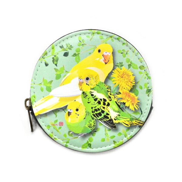 コインケース セキセイインコとひよこ草 《丸型》　ことり 小鳥 雑貨 グッズ ファスナー付 マチあり フェイクレザー 合成皮革 丈夫 厚め イラスト かわいい おしゃれ 草花 止まり木 小銭入れ 小物入れ ミニポーチ クリエイティブモーション【とりアート】