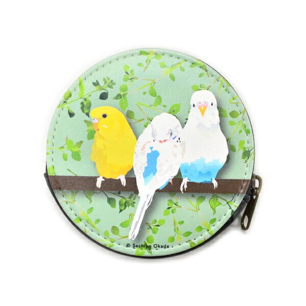 コインケース セキセイインコとひよこ草 《丸型》　ことり 小鳥 雑貨 グッズ ファスナー付 マチあり フェイクレザー 合成皮革 丈夫 厚め イラスト かわいい おしゃれ 草花 止まり木 小銭入れ 小物入れ ミニポーチ クリエイティブモーション【とりアート】