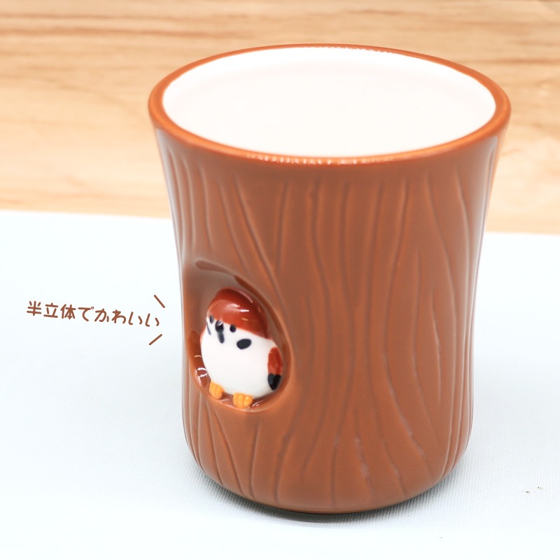 切り株湯呑 ★ スズメ ◆◆ことり すずめ 雀 キッチン雑貨カップ ゆのみ 陶器 ハンドメイド【DECOLE】