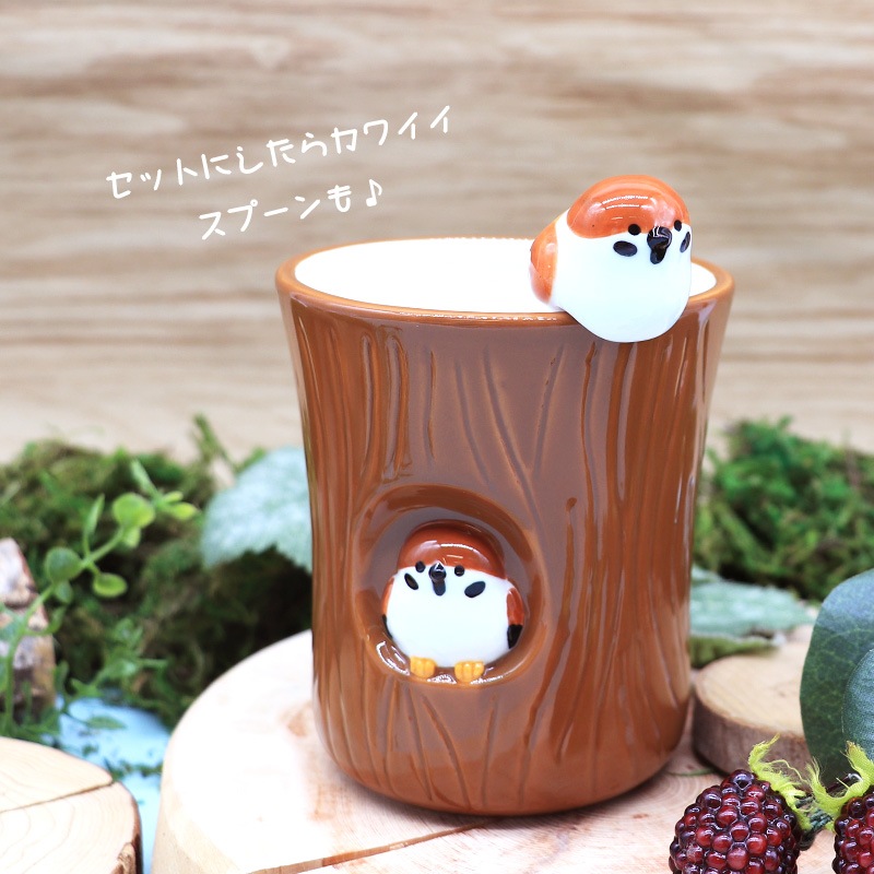 切り株湯呑 ★ スズメ ◆◆ことり すずめ 雀 キッチン雑貨カップ ゆのみ 陶器 ハンドメイド【DECOLE】