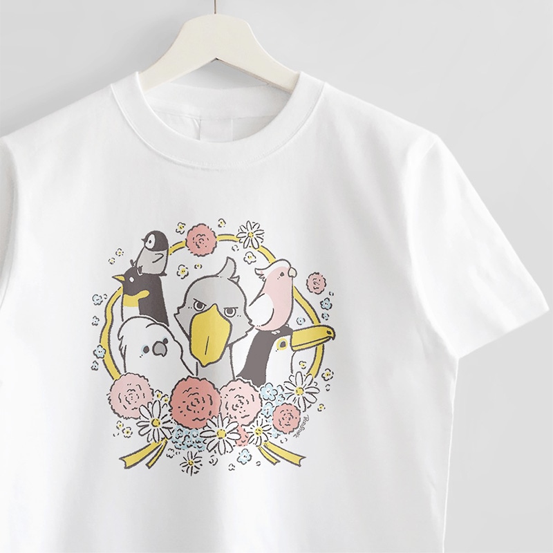 Tシャツ Ribbon with Carnation 大きな鳥 ◆ゆうパケット対象◆ ことり 半袖 白T ハシビロコウ タイハクオウム オニオオハシ コウテイペンギン クルマサカオウム 母の日 ギフト カーネーション【BIRDSTORY】