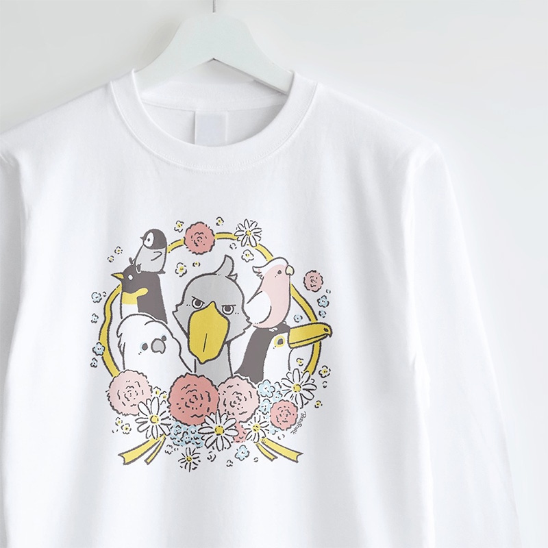 長袖Tシャツ Ribbon with Carnation 大きな鳥 ◆ゆうパケット対象◆ ことり 白T ハシビロコウ タイハクオウム オニオオハシ コウテイペンギン クルマサカオウム 母の日 ギフト カーネーション【BIRDSTORY】