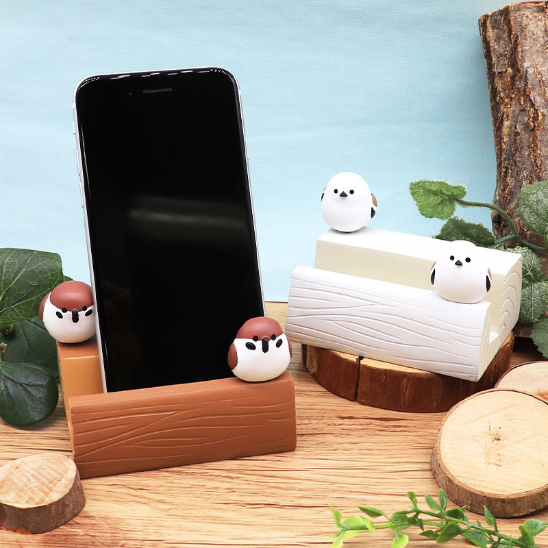 丸太スマホスタンド ★ スズメ シマエナガ ◆◆ ことり スマートフォン アクセサリー すずめ 雀 しまえなが【DECOLE】