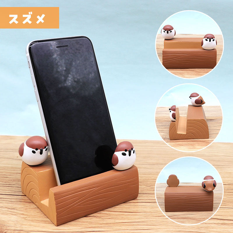 丸太スマホスタンド ★ スズメ シマエナガ ◆◆ ことり スマートフォン アクセサリー すずめ 雀 しまえなが【DECOLE】