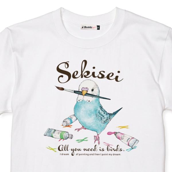 Tシャツ お絵描きセキセイ Sサイズ　セキセイインコ ブルー ことり 小鳥 雑貨 グッズ 半袖 クルーネック 普通丈 綿100％ イラスト かわいい インパクト ユニーク 絵の具 英字 カジュアル レディース メンズ キッズ 女性 男性 大人 子供 ユニセックス 男女兼用【ゆとり屋】