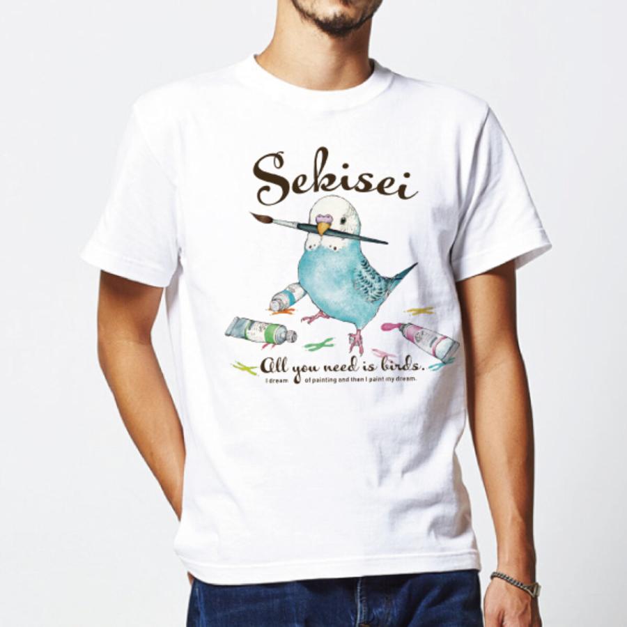 Tシャツ お絵描きセキセイ Lサイズ　セキセイインコ ブルー ことり 小鳥 雑貨 グッズ 半袖 クルーネック 普通丈 綿100％ イラスト かわいい インパクト ユニーク 絵の具 英字 カジュアル レディース メンズ 女性 男性 大人 ユニセックス 男女兼用【ゆとり屋】