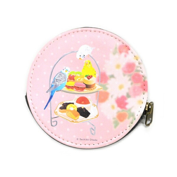 コインケース お茶会いんこ 《丸型》　セキセイインコ ことり 小鳥 雑貨 グッズ ファスナー付 マチあり フェイクレザー 合成皮革 丈夫 厚め イラスト かわいい おしゃれ  水玉 花 スイーツ 小銭入れ 小物入れ ミニポーチ クリエイティブモーション【とりアート】