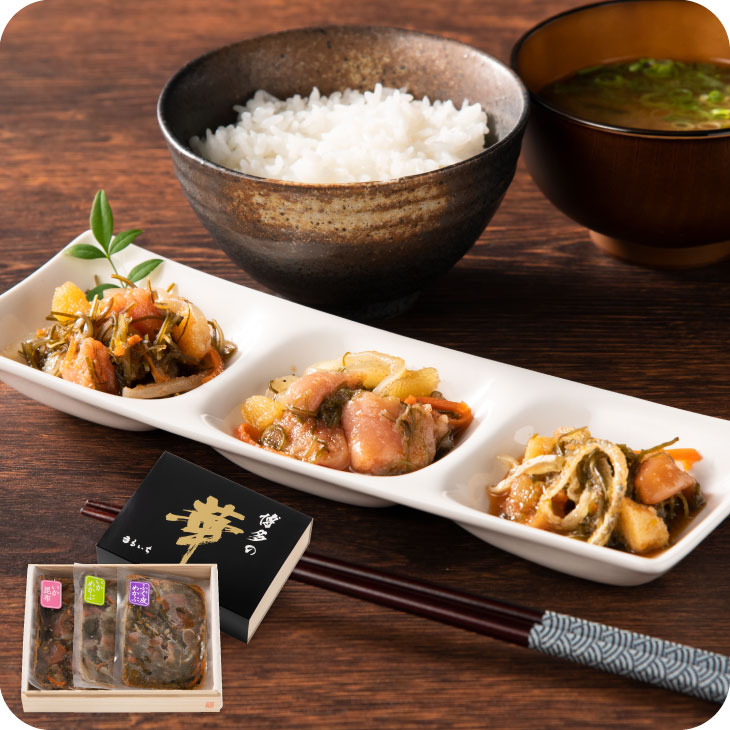 産地直送【明太子屋 松前漬け「博多漬」 3種 詰め合わせ】（いか＆昆布／いか＆めかぶ／めかぶ＆とらふぐ皮 ・各180g 3種セット）冷凍 博多 明太子 入り 松前漬け ギフト包装 対応 木箱付き お歳暮 贈答 ギフト お祝い 福岡 名物 土産 送料無料