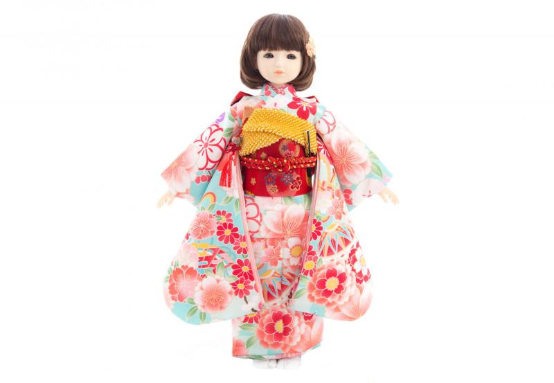 着物9点セット(鞠と扇に桜・水色)
