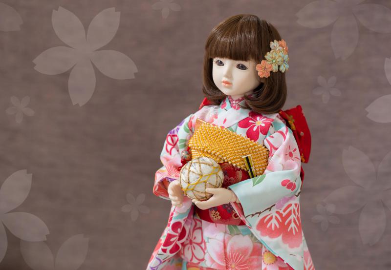 着物9点セット(鞠と扇に桜・水色)