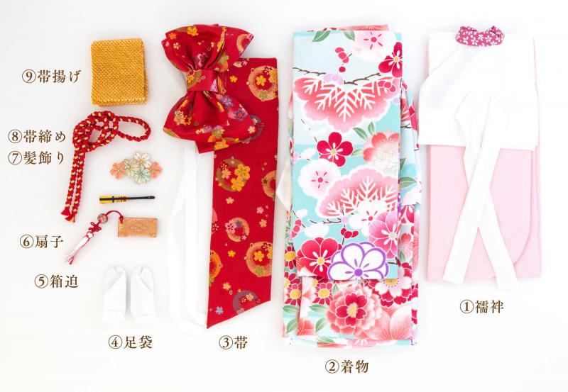 着物9点セット(鞠と扇に桜・水色)