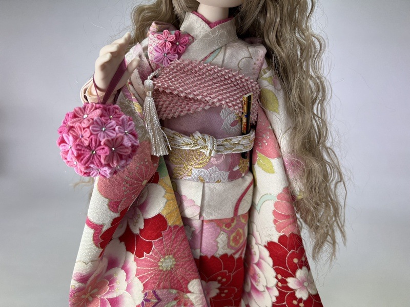 正絹着物セット（白地・ﾋﾟﾝｸ花）