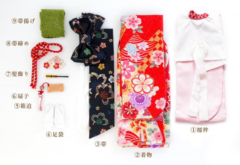 着物9点セット(熨斗に牡丹・赤)