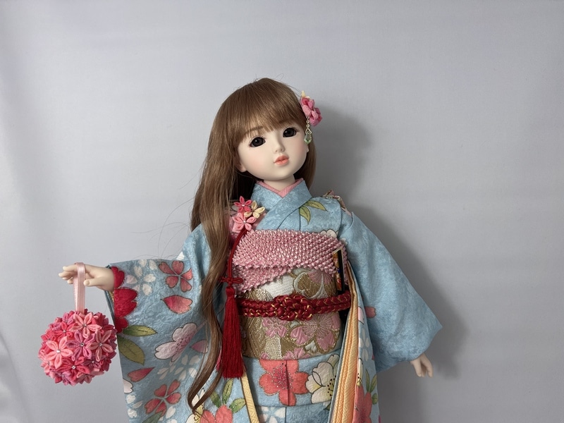 正絹着物セット（水色・ﾋﾟﾝｸ花）