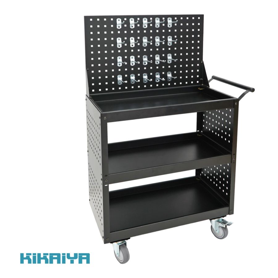 ツールワゴン パンチングボード付き フック20個付属 スチールワゴン 四角穴 有孔ボード バックボード オールスチール製 頑丈 ツールカート 工具 収納 KIKAIYA