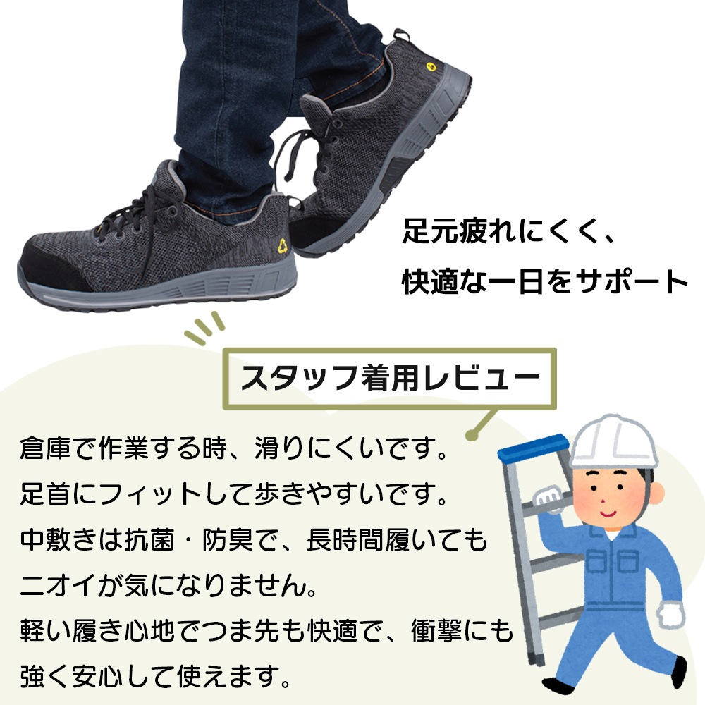 安全靴 軽量 セーフティーシューズ 高耐久 リサイクル繊維 樹脂 先芯入り 滑らない ワークシューズ 作業用 スニーカー つま先保護 衝撃吸収 静電気防止 24.5~29cm グレー KIKAIYA