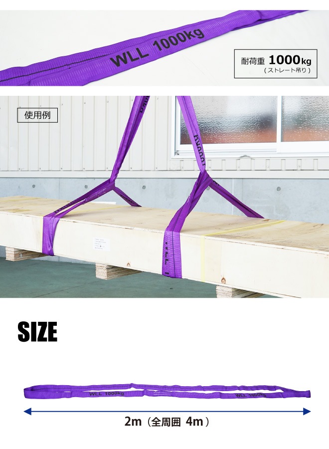 ラウンドスリング 2m 2本セット 最大使用荷重1000kg ナイロンスリング ベルトスリングベルトスリング エンドレスタイプ KIKAIYA