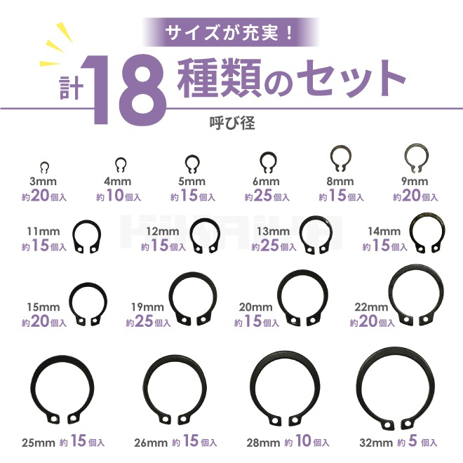 スナップリングセット 約300個入 グリップ形 6サイズ C形 12サイズ