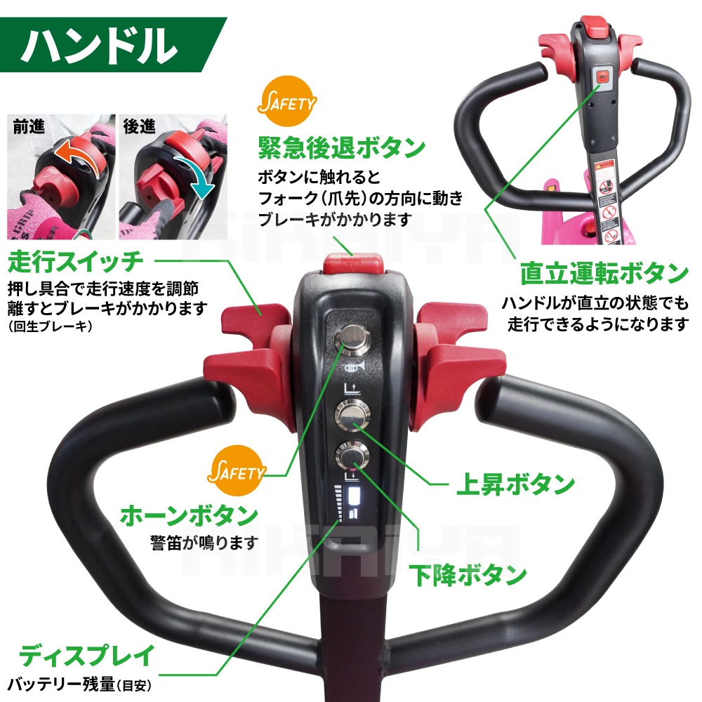 ハンドリフト 電動 1500kg ダブルローラー 補助ローラー付 フォーク長さ1150mm 爪間隔250mm 高さ80mm 業務用 ハンドパレット パレットトラック KIKAIYA