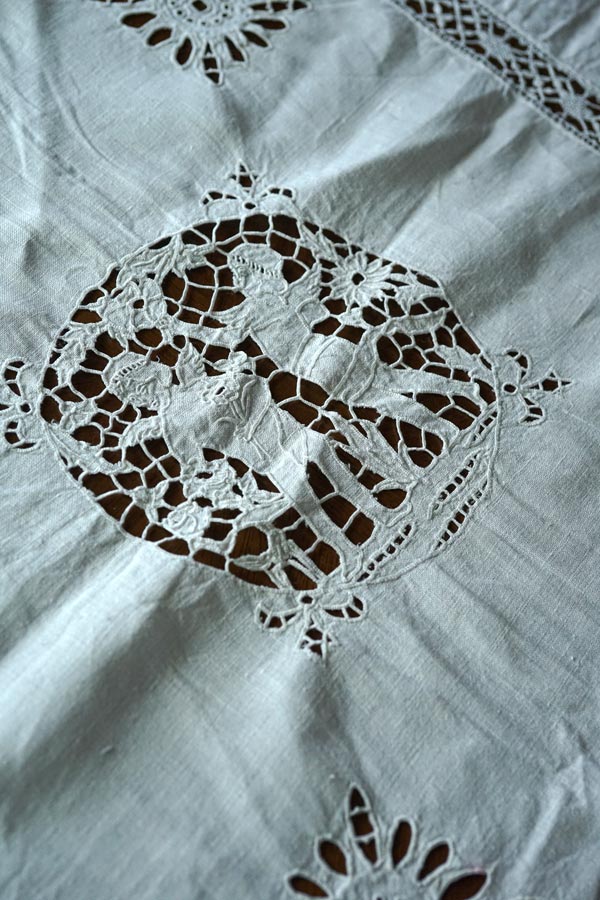 アンティーク ポワンドベニス オープンワーク水色刺繍 超大判クロス フィレレース アンティーク ポワンドベニス オープンワーク水色刺繍 超大判