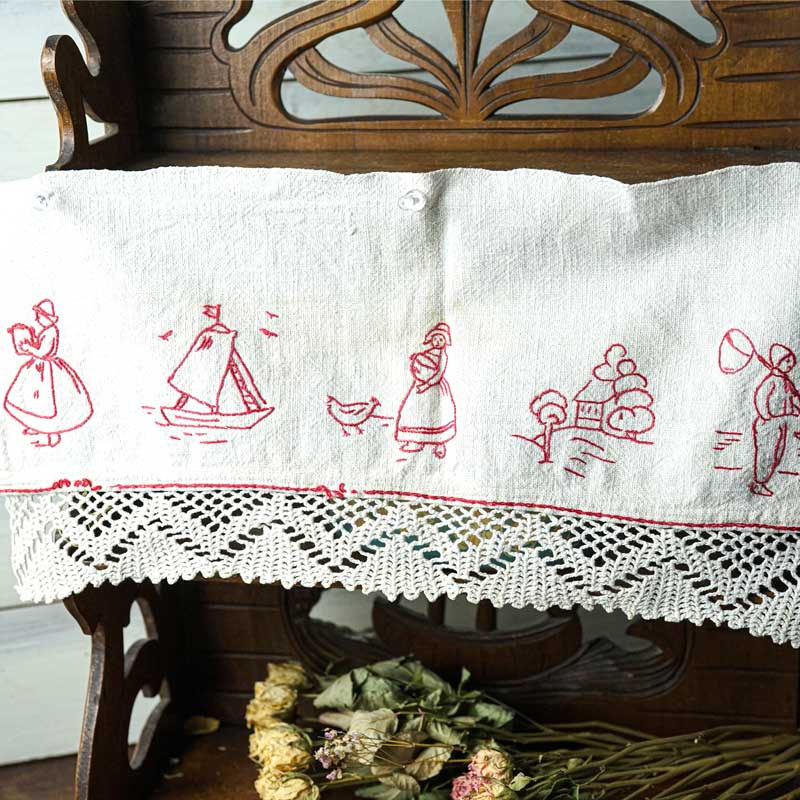 フランス アンティーク 棚飾り布 手刺繍 リネン