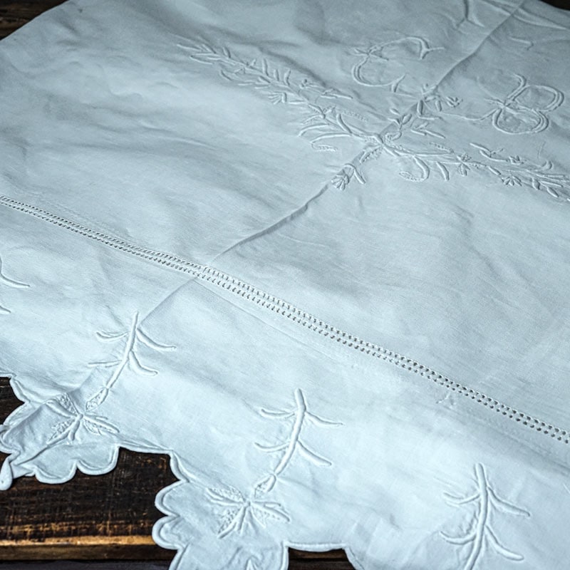 モノグラム フランスアンティークリネンシーツ イニシャル刺繍