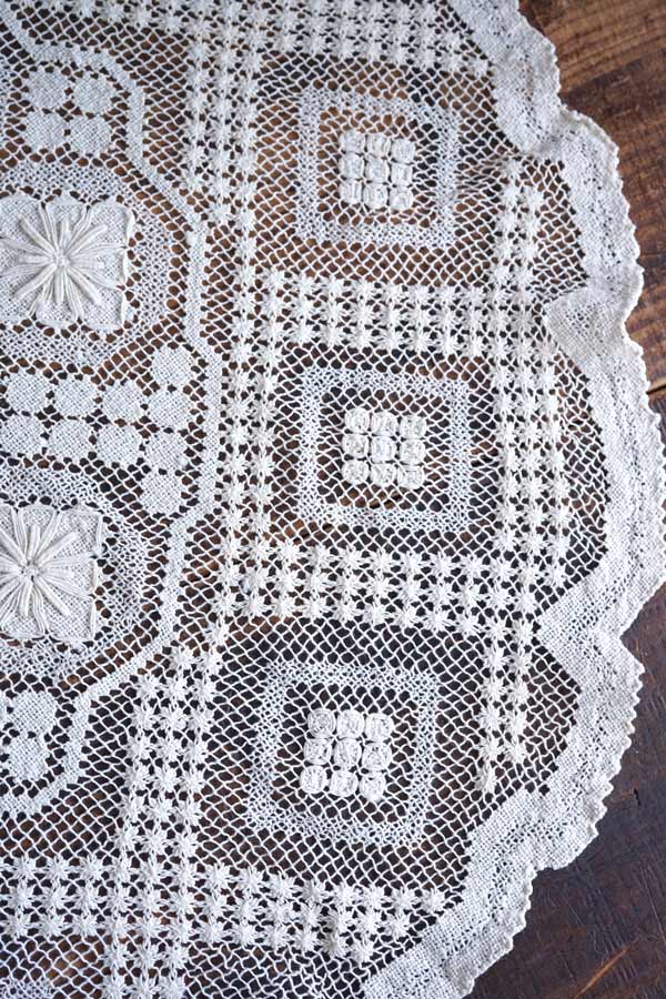 色糸Vintageフィレレース　生成り　円形　フリークロス 色糸Vintageフィレレース 生成り 円形 フリークロス