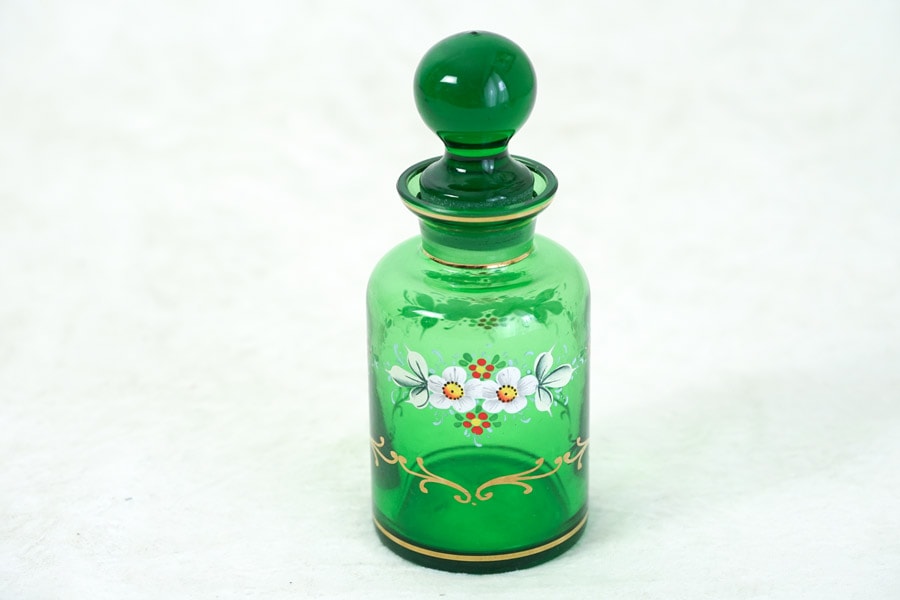 ボヘミアンガラスのエナメル絵の美しい薬瓶W6×H14cm 1930年代頃 gc