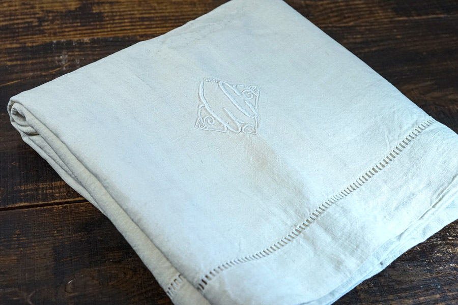 アンティークフレンチリネンシーツGCアルファベットモノグラム入りW195